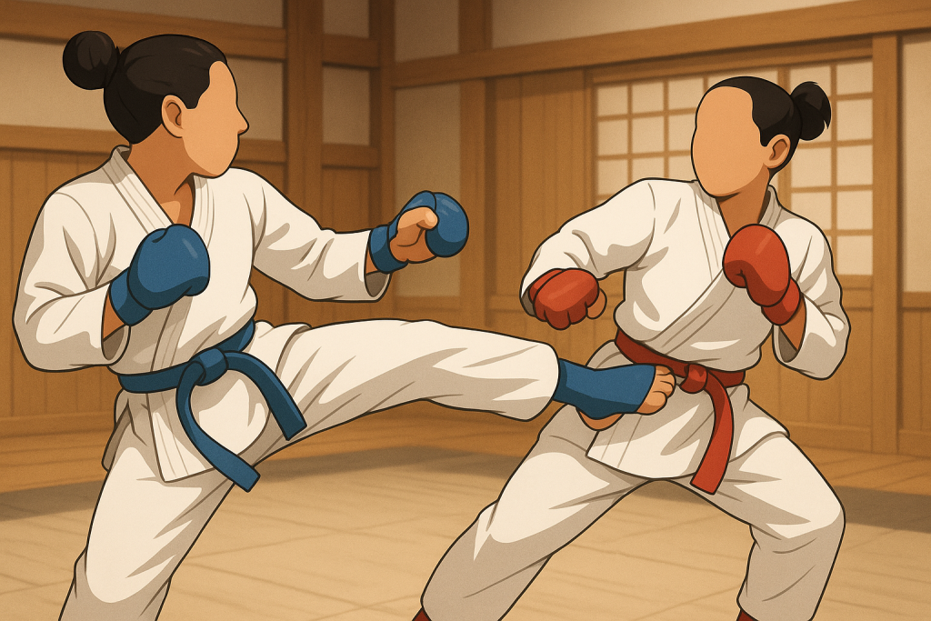 Two cartoon figures sparing in wkf type red/blue safety equipment. The characters are in a traditional type dojo. The blue competitor is attempting to kick the red practitioner who is attempting to block it.